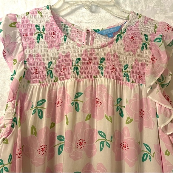Draper James RSVP Wms M Pink Floral Flounce Smocked Top Flutter Sleeve Peasant - Picture 2 of 6